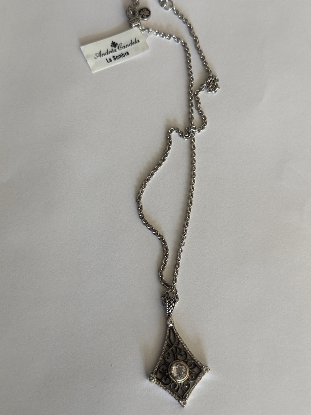 Andrea Candela 18k Gold Sterling Silver White Topaz Filigree Necklace -new